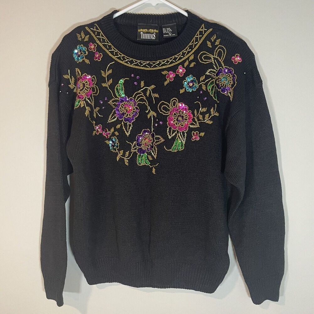 Vintage Trimmings Black Beaded‎ Sequin Holiday Sweater Sz L Floral Gold Glam